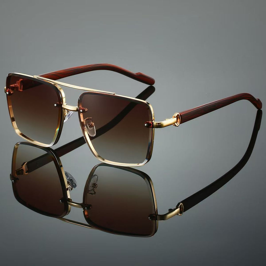 Vintage Double Rim Half-Rim Wood Grain Metal Aviator Sunglasses, Multi Gradient Lens Outdoor Shades