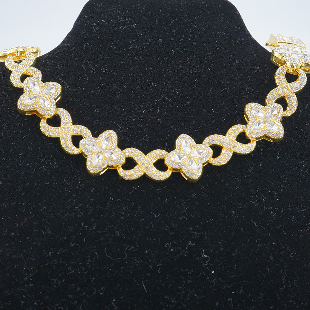 Infinity Knot Clover Clear Diamond Jewelry Set, Gold & Silver Tone Luxury Pave White Gemstone Bracelet & Necklace