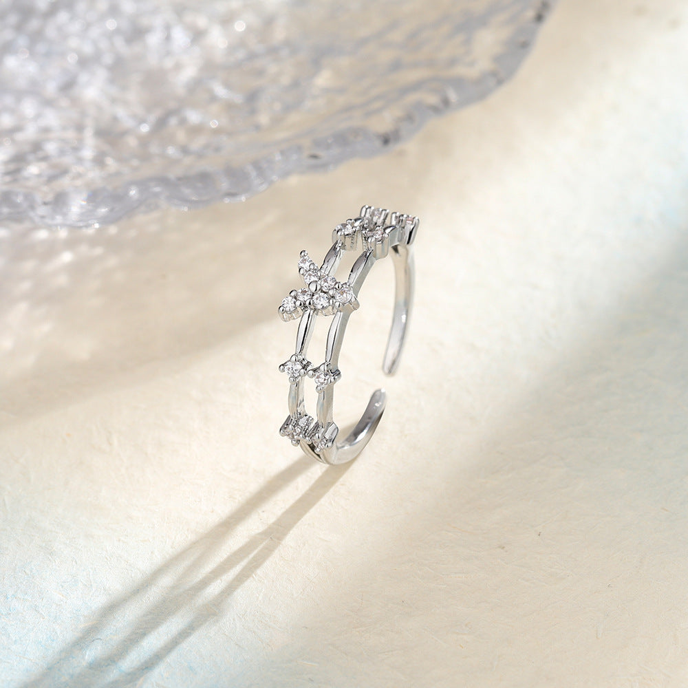 Double Layer Branch Pave Crystal Open Ring, Gold & Silver French Floral Adjustable Thin Band