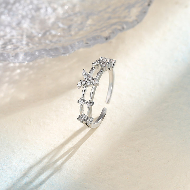 Double Layer Branch Pave Crystal Open Ring, Gold & Silver French Floral Adjustable Thin Band
