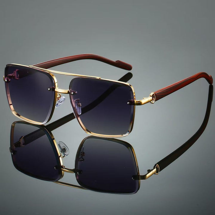 Vintage Double Rim Half-Rim Wood Grain Metal Aviator Sunglasses, Multi Gradient Lens Outdoor Shades