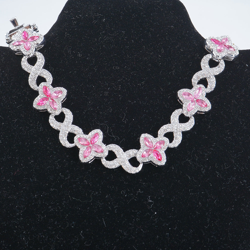 Infinity Knot Clover Clear Diamond Jewelry Set, Gold & Silver Tone Luxury Pave White Gemstone Bracelet & Necklace