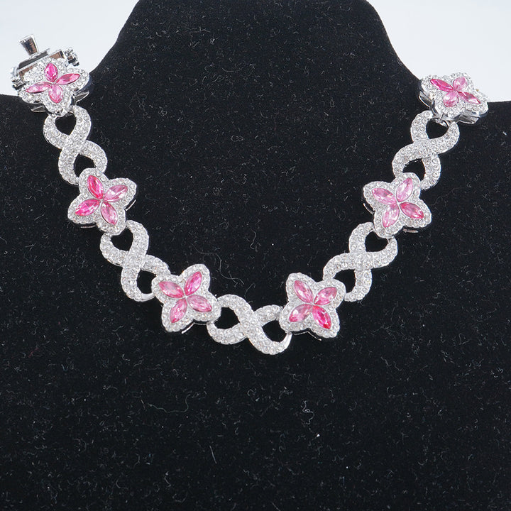 Infinity Knot Clover Clear Diamond Jewelry Set, Gold & Silver Tone Luxury Pave White Gemstone Bracelet & Necklace
