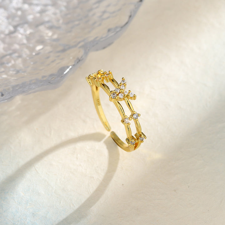 Double Layer Branch Pave Crystal Open Ring, Gold & Silver French Floral Adjustable Thin Band