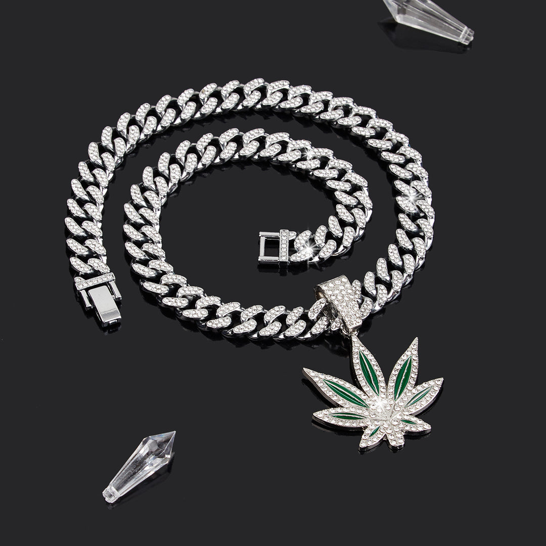 Color Enamel Maple Leaf Iced Out Cuban Necklace, Hip Hop Chunky Diamond Chain Trendy Pendant Necklace for Men