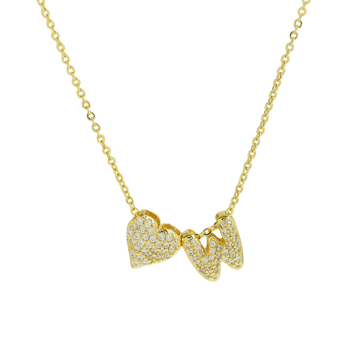 Diamond-Embedded Bubble Heart 26-Letter Name Pendant Necklace