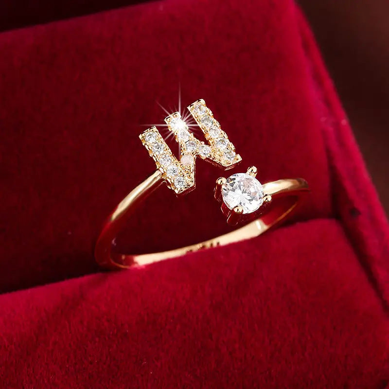 Full Zircon Letter Open Ring CNC-Set Titanium Steel Vacuum Plated