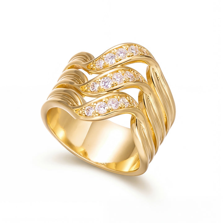 Multi-Layer Wave Diamond Wide Band Ring, European Heavy-Duty Streamlined Textured S925 Silver Ring for Women