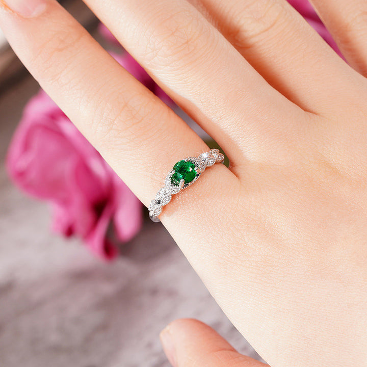 Four‑Prong Main Stone Leaf‑Shaped Pave Silver Ring, Multi‑Color Options