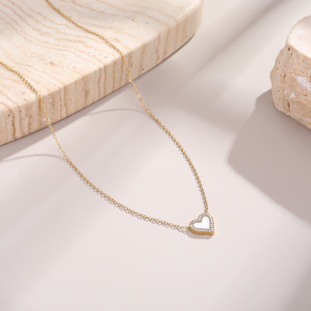White Shell & Diamond Heart Pendant Necklace & Bracelet Set (Elegant Daily Jewelry Set)