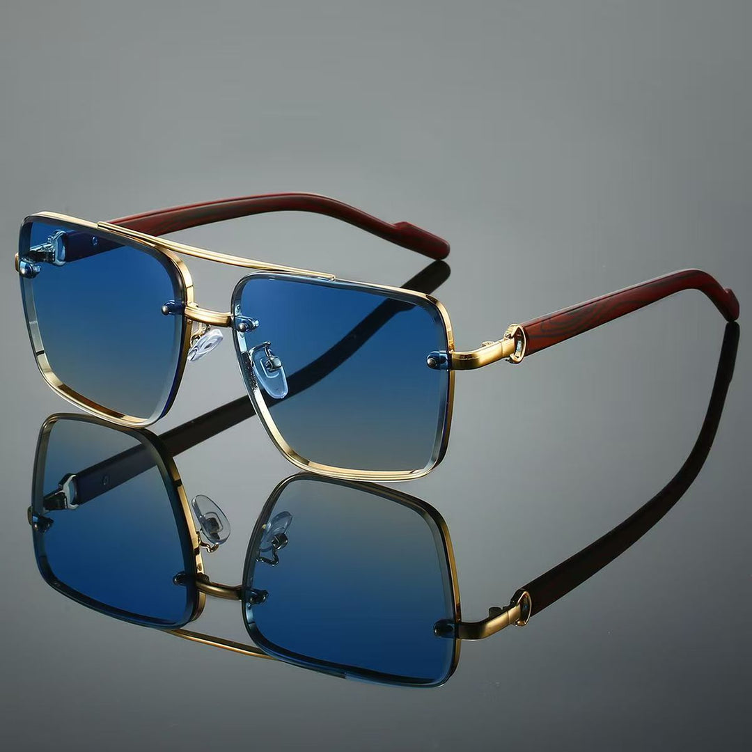 Vintage Double Rim Half-Rim Wood Grain Metal Aviator Sunglasses, Multi Gradient Lens Outdoor Shades