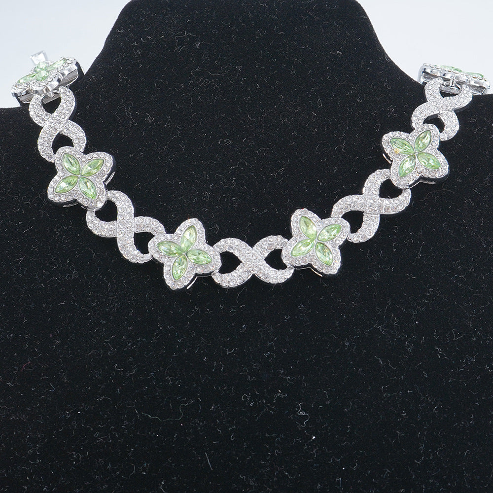 Infinity Knot Clover Clear Diamond Jewelry Set, Gold & Silver Tone Luxury Pave White Gemstone Bracelet & Necklace