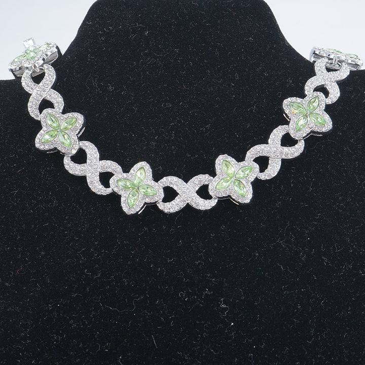 Infinity Knot Clover Clear Diamond Jewelry Set, Gold & Silver Tone Luxury Pave White Gemstone Bracelet & Necklace