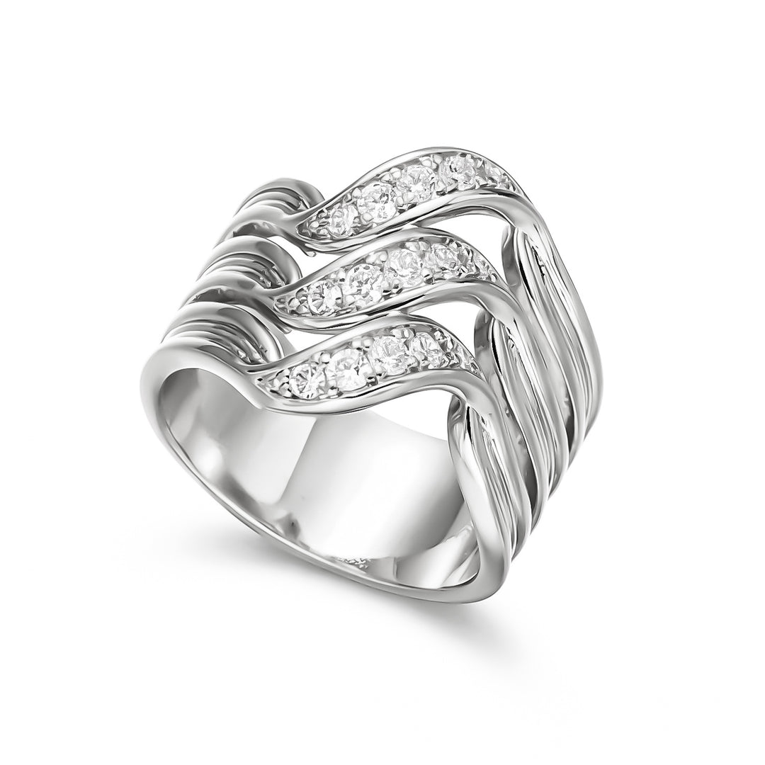 Multi-Layer Wave Diamond Wide Band Ring, European Heavy-Duty Streamlined Textured S925 Silver Ring for Women