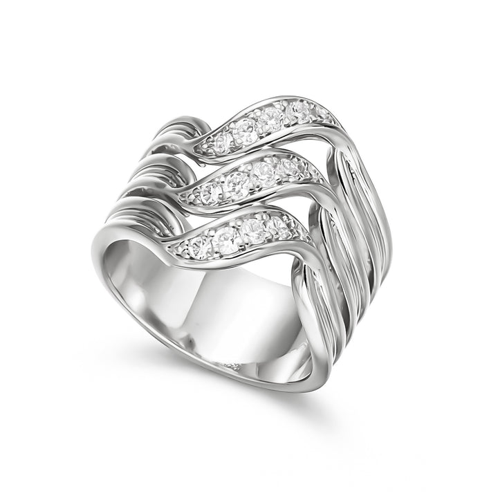 Multi-Layer Wave Diamond Wide Band Ring, European Heavy-Duty Streamlined Textured S925 Silver Ring for Women