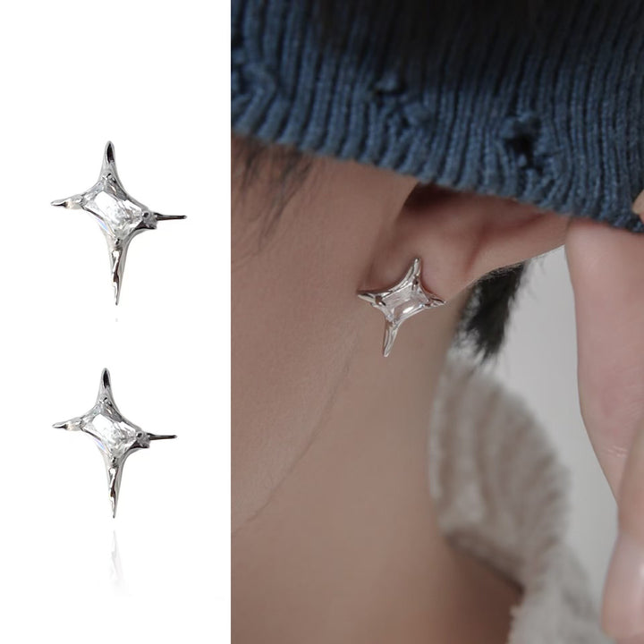 Niche Spiky Star Stud Earrings, Black & White Diamond Cool Silver Unisex Street Hip Hop Jewelry