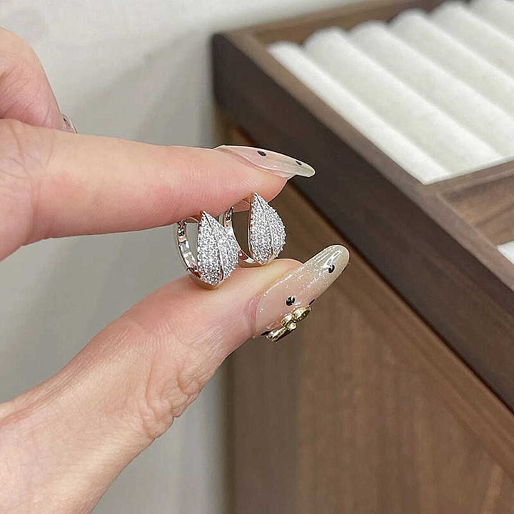 Paved Diamond Leaf Huggie Earrings