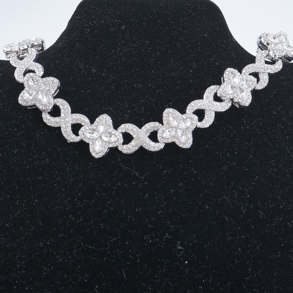 Infinity Knot Clover Clear Diamond Jewelry Set, Gold & Silver Tone Luxury Pave White Gemstone Bracelet & Necklace