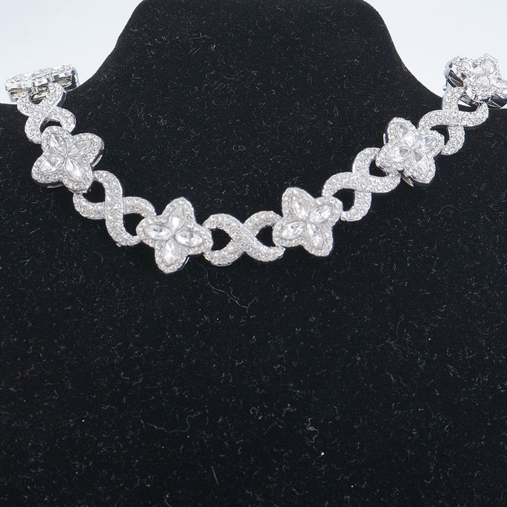 Infinity Knot Clover Clear Diamond Jewelry Set, Gold & Silver Tone Luxury Pave White Gemstone Bracelet & Necklace