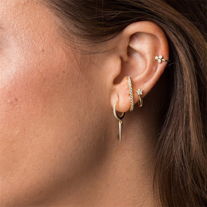 S925 Silver Pave Crystal Hoop Spike Dangle Huggie Earrings, Edgy Long Rivet‑Style Drop Earrings, Gold / Silver Two‑Tone