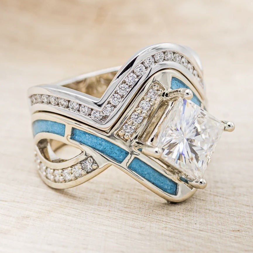 Native American Style Turquoise Inlay Diamond Stackable Ring Set, Square Gem Luxury Engagement Stacking Band