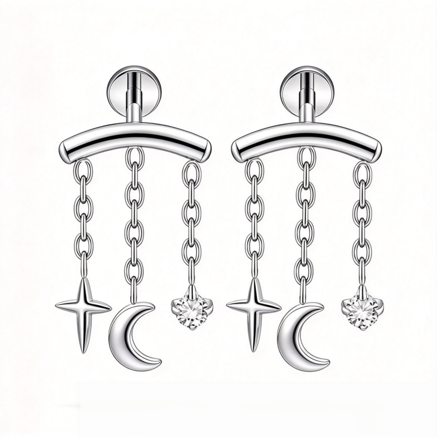 Star Moon Triple Chain Tassel S925 Silver Stud Earrings, Curved Bar Cross Star Moon Diamond Pair Earrings, Gold & Silver Two Tones