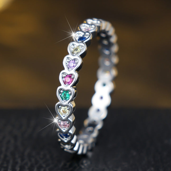 Heart Full Circle Colorful Diamond Eternity Ring, Gold & Silver Dainty Stackable Closed Band Ring for Women