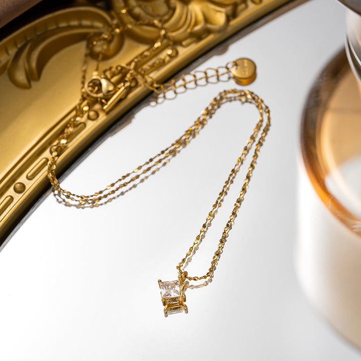 Single Square Diamond Prong-Set Necklace (Gold Tone Shimmer Chain Pendant)
