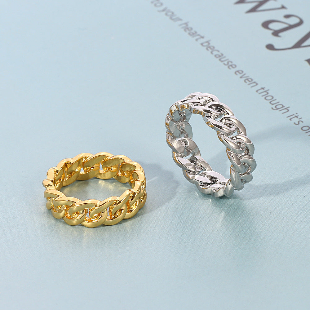 Classic Wide Cuban Chain Ring, Gold & Silver Hip-Hop Street Style Chunky Unisex Band