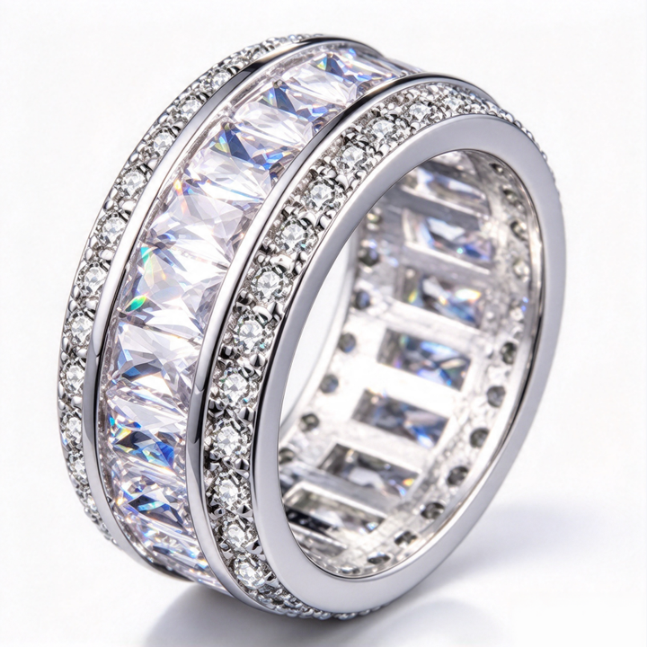 Double Layer Full Eternity S925 Silver Ring, Wide Band with Colorful / Clear Baguette Diamonds, Luxury Banquet Stackable Ring