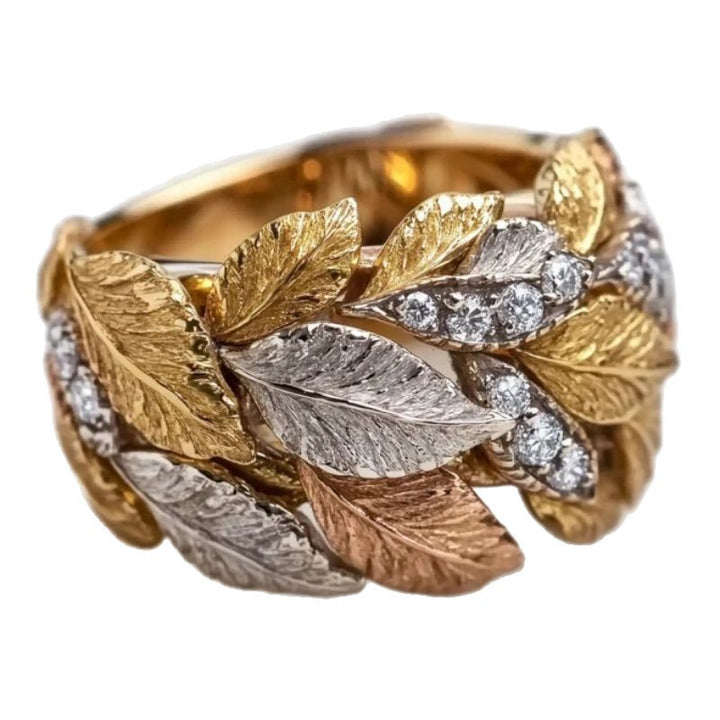 S925 Silver Tri‑Tone Intertwined Leaf Diamond Wide Band Ring, Vintage Heavy‑Craft Foliage Women Ring