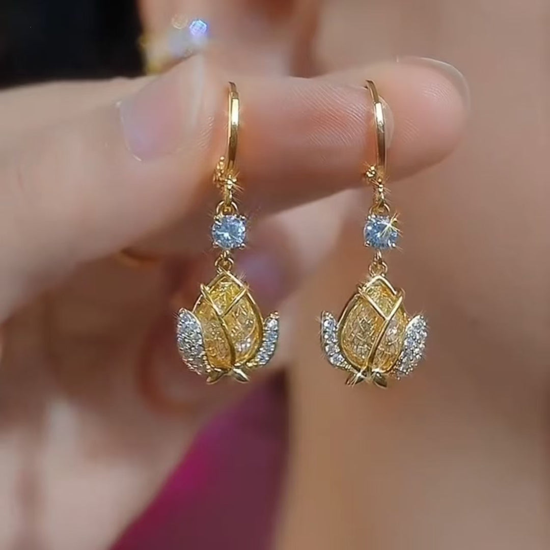 Hollow Tulip Diamond Hoop Earrings, Luxury Yellow Tulip Flower Dangle Earrings, Gold Elegant Earrings
