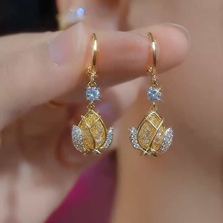 Hollow Tulip Diamond Hoop Earrings, Luxury Yellow Tulip Flower Dangle Earrings, Gold Elegant Earrings