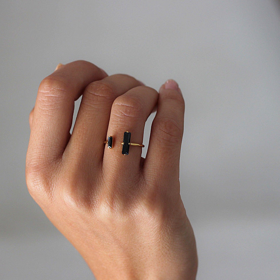 S925 Silver Dual Rectangle Black Diamond Open Ring, Minimal Geometric Asymmetric Black Diamond Adjustable Band