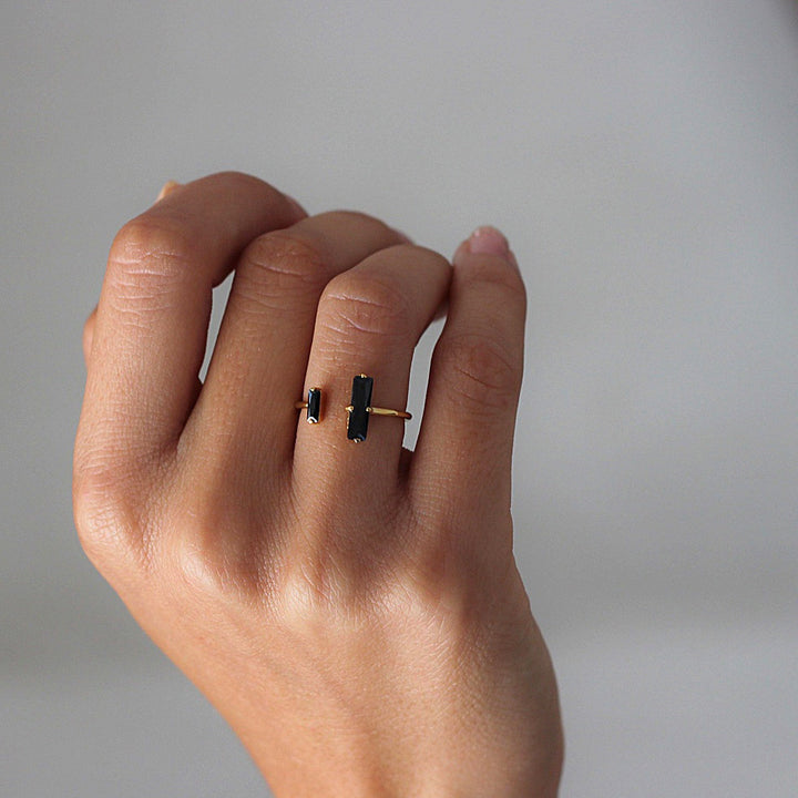 S925 Silver Dual Rectangle Black Diamond Open Ring, Minimal Geometric Asymmetric Black Diamond Adjustable Band