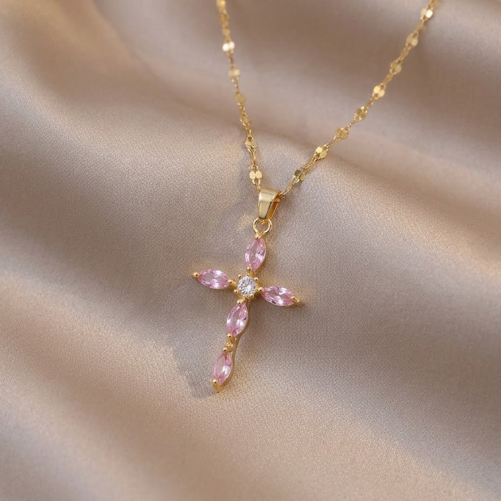 Marquise‑Cut Colored Diamond Cross Pendant Choker Necklace, 3‑Color Options