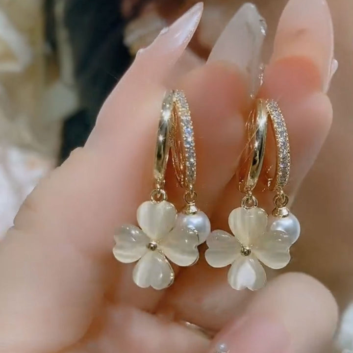 Crystal Clover & Pearl Huggie Earrings (Gentle Daily Commute Jewelry)