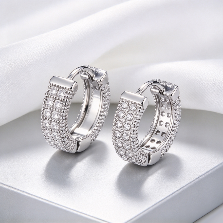 Paved Wide C-shaped S925 Silver Hoop Earrings, Gold & Silver Two-Tone Paved Diamond Ear Buckles