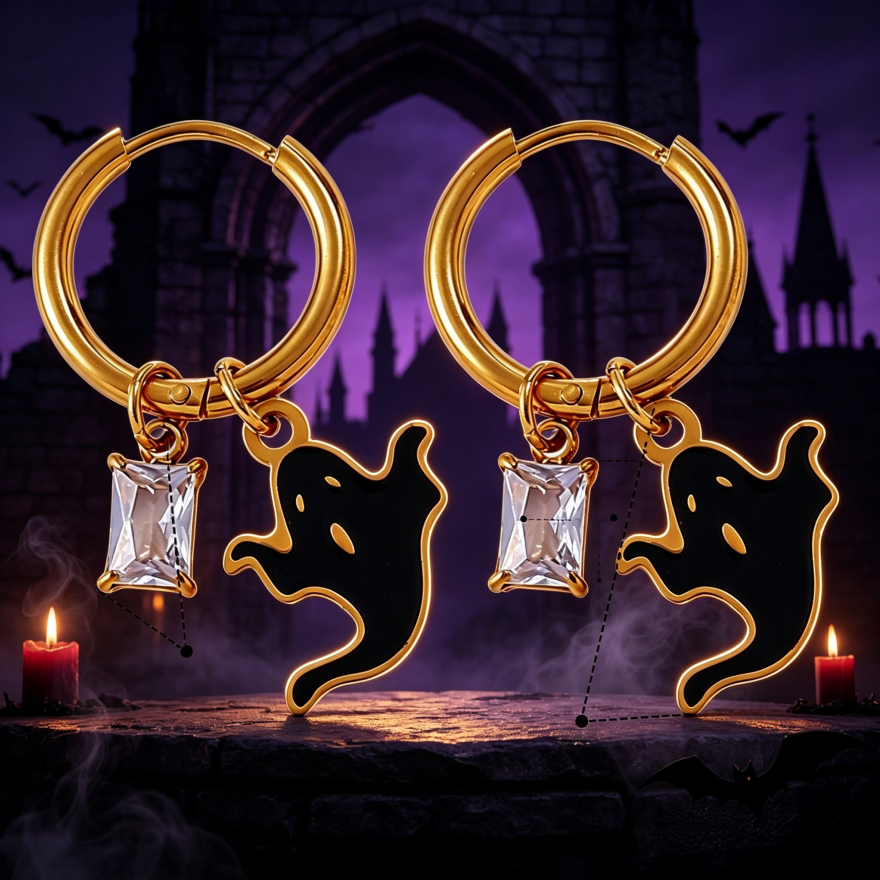 Halloween Ghost Charm Hoop Earrings, Gold Plated S925 Silver Cute Fun Earrings with Rectangular Diamond