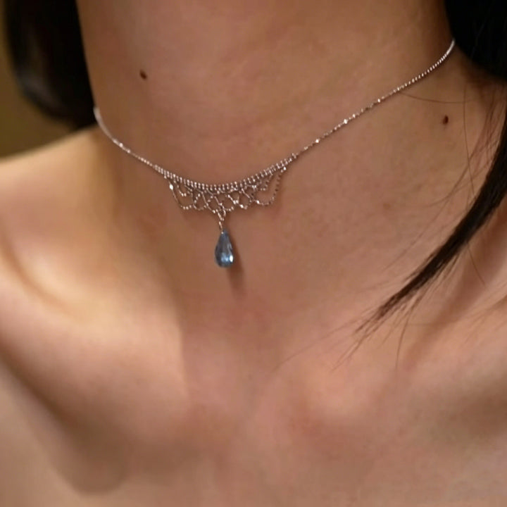 Vintage Lace Hollow Teardrop Blue Diamond Collarbone Necklace, S925 Silver Royal Style Aquamarine Crystal Dinner Dress Pendant