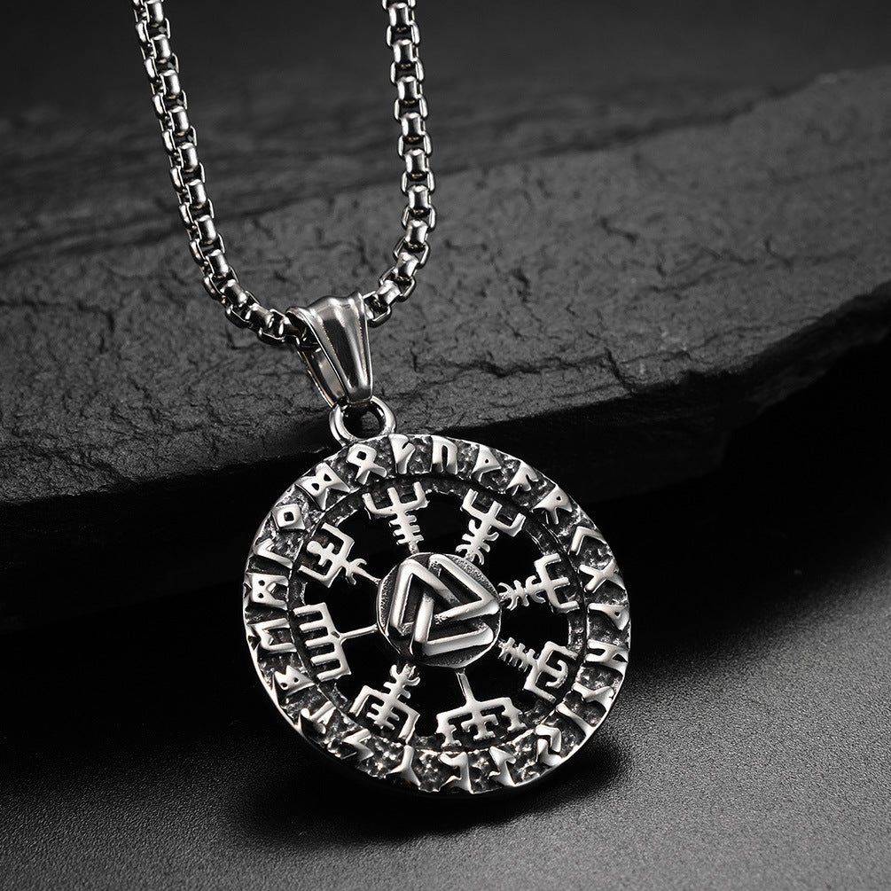 Viking Rune Compass Pendant Necklace (Unisex Vintage Titanium Steel Chain)