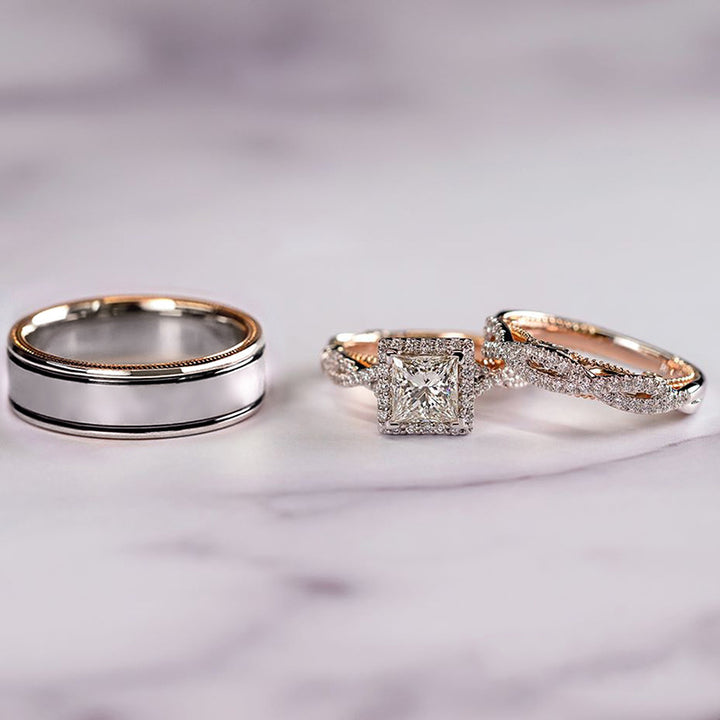 Princess Cut Twisted Paved Three-Piece Wedding Ring Set, Gold Silver Rose Gold Luxury Engagement Matching Ring Set