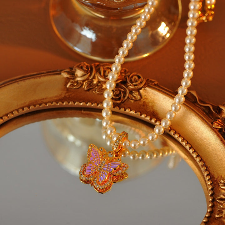 Vintage Enamel Butterfly Pearl Necklace, French Elegant Choker