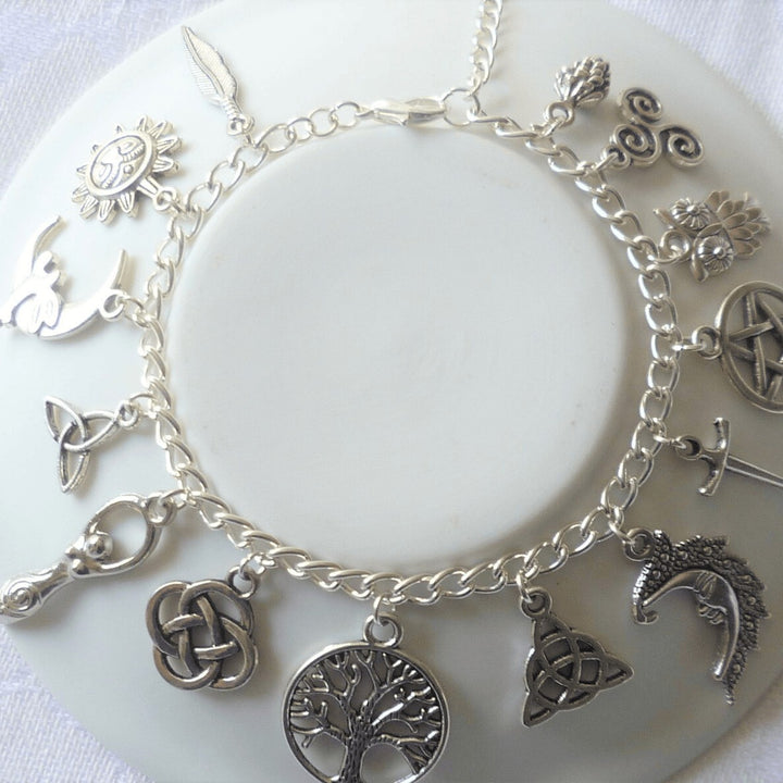 Celtic Mystical Symbol Multi-Charm Antiqued Bracelet, Solid S925 Silver Pagan Witch Sun Moon Tree of Life Multi-Pendant Wrist Jewelry