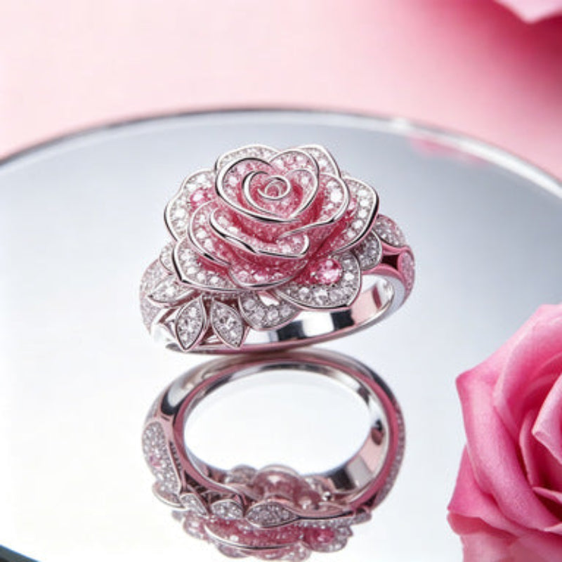 3D Pink‑Rose Pave‑Set Flower Ring