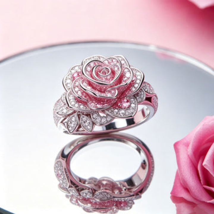3D Pink‑Rose Pave‑Set Flower Ring