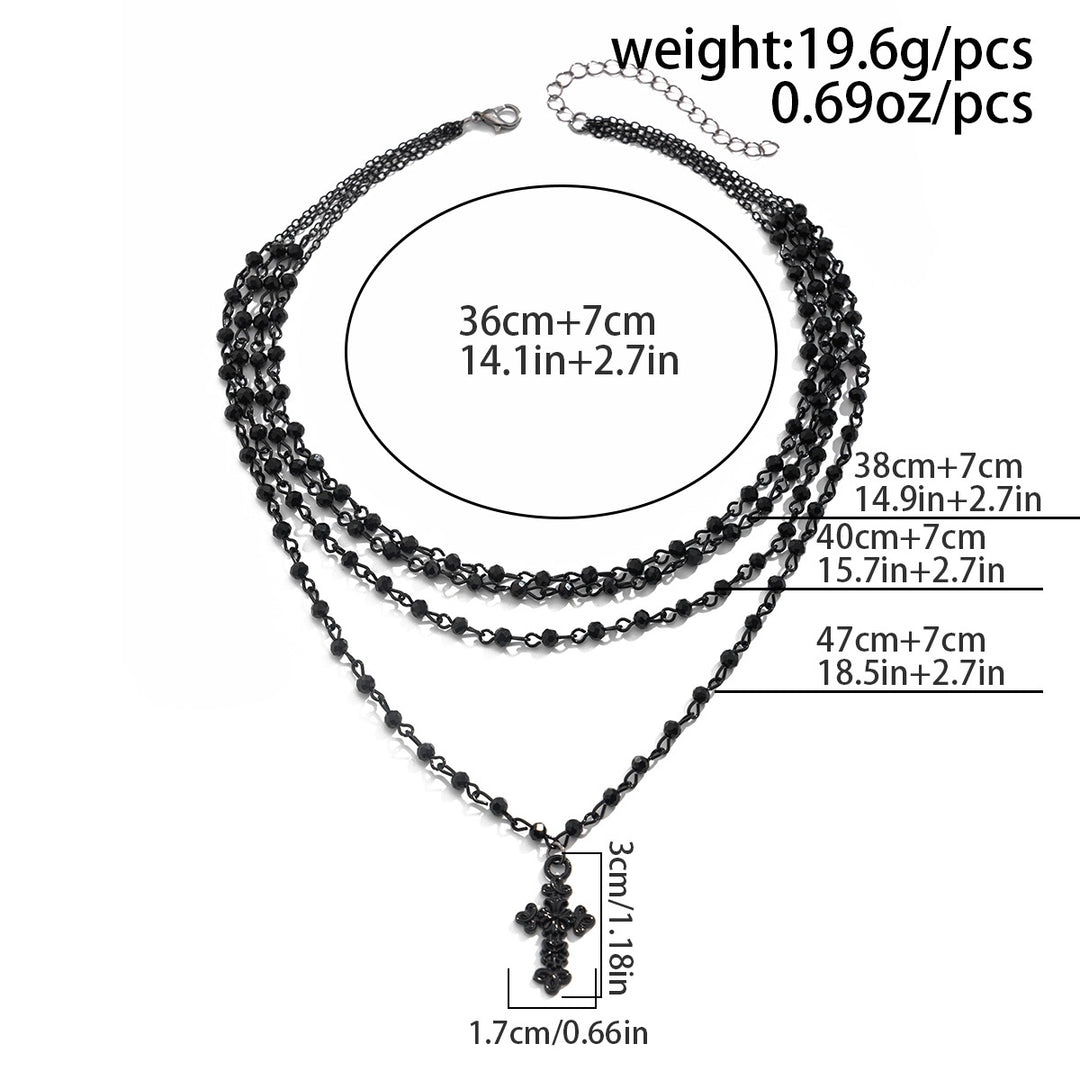 Multi-Layer Black Beaded Cross Pendant Necklace, Dark Style 4-Row Stack Cross Choker, Gothic Punk Collarbone Jewelry