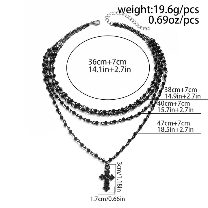 Multi-Layer Black Beaded Cross Pendant Necklace, Dark Style 4-Row Stack Cross Choker, Gothic Punk Collarbone Jewelry