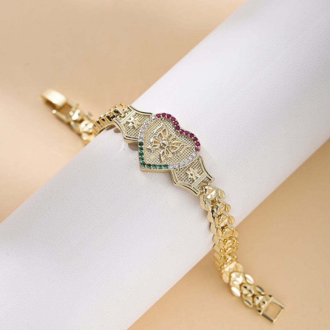 Tri‑Color Heart Butterfly Engraved Adjustable Bracelet
