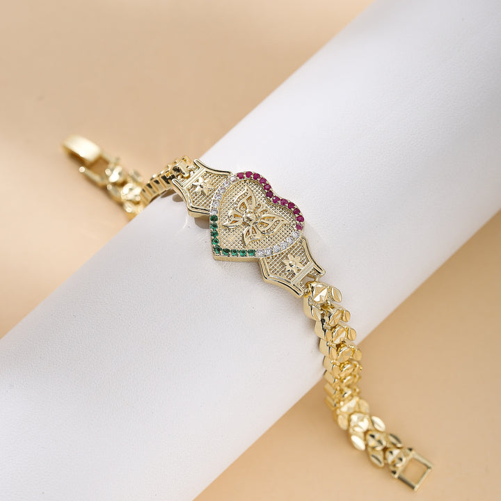 Tri‑Color Heart Butterfly Engraved Adjustable Bracelet